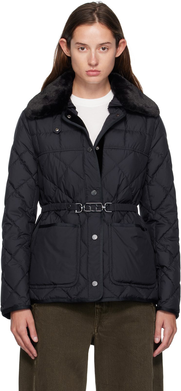 Navy Cygne Faux Fur-Trimmed Short Down Jacket 252111F063022