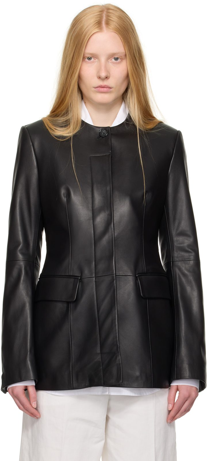 TOTEME Black Collarless Leather Jacket 252771F064000