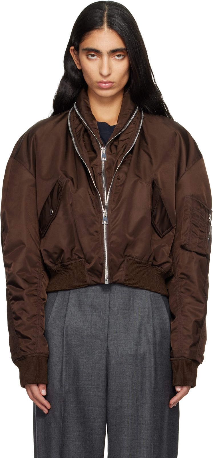 Brown Zipped Shawl Collar Bomber Jacket 252278F058000