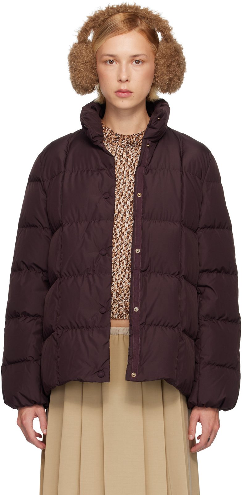 Burgundy Cochevinne Square-Quilted Short Down Jacket 252111F061036