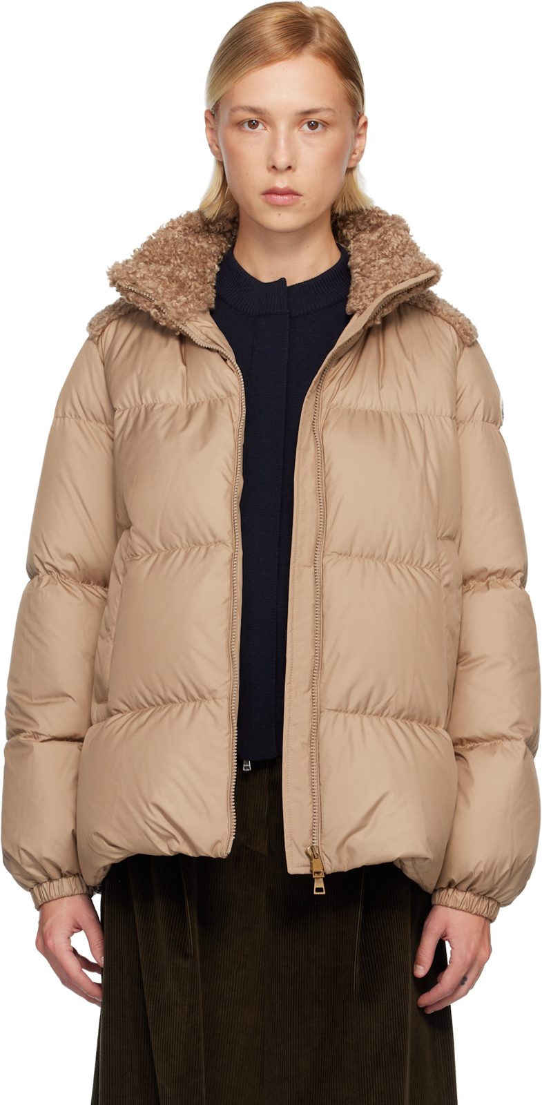 Beige Esnaie Teddy-Trimmed Short Down Jacket 252111F061029