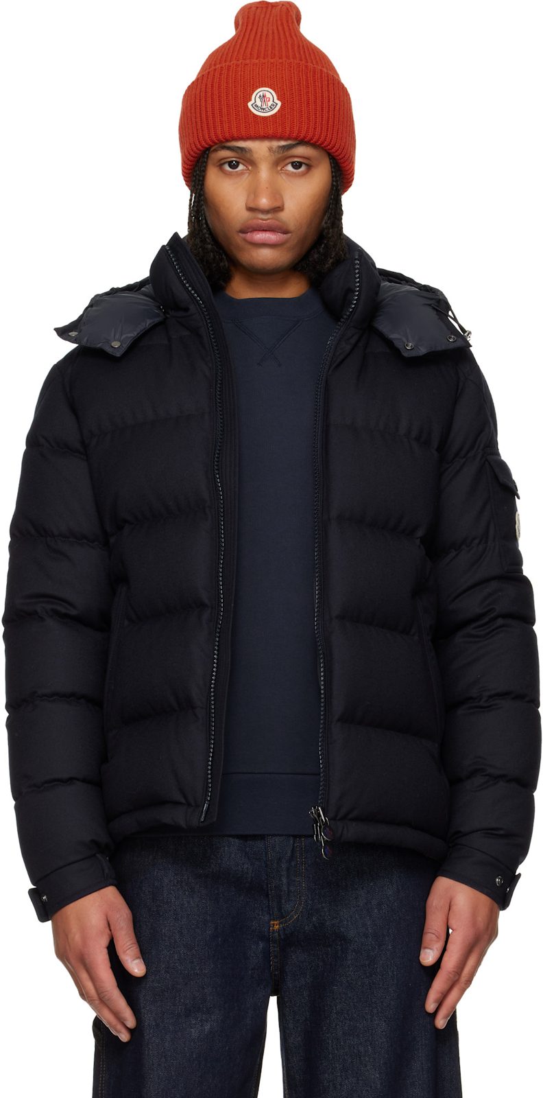 Navy Montgenevre Hooded Wool Flannel Short Down Jacket 252111M178099