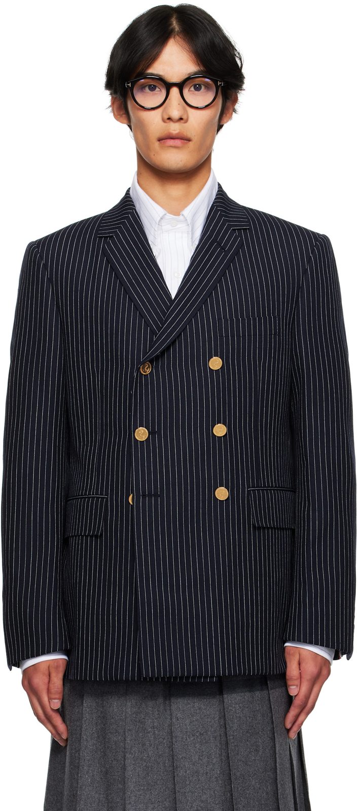 Navy Pinstripe High Twist Wool Sportcoat Blazer 252381M195005