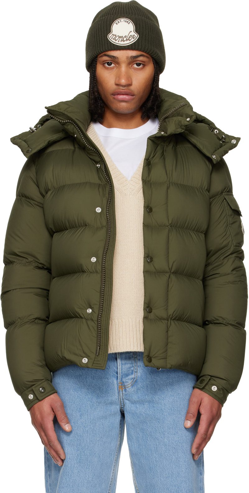 Green Maya 70 Hooded Short Down Jacket 252111M178079