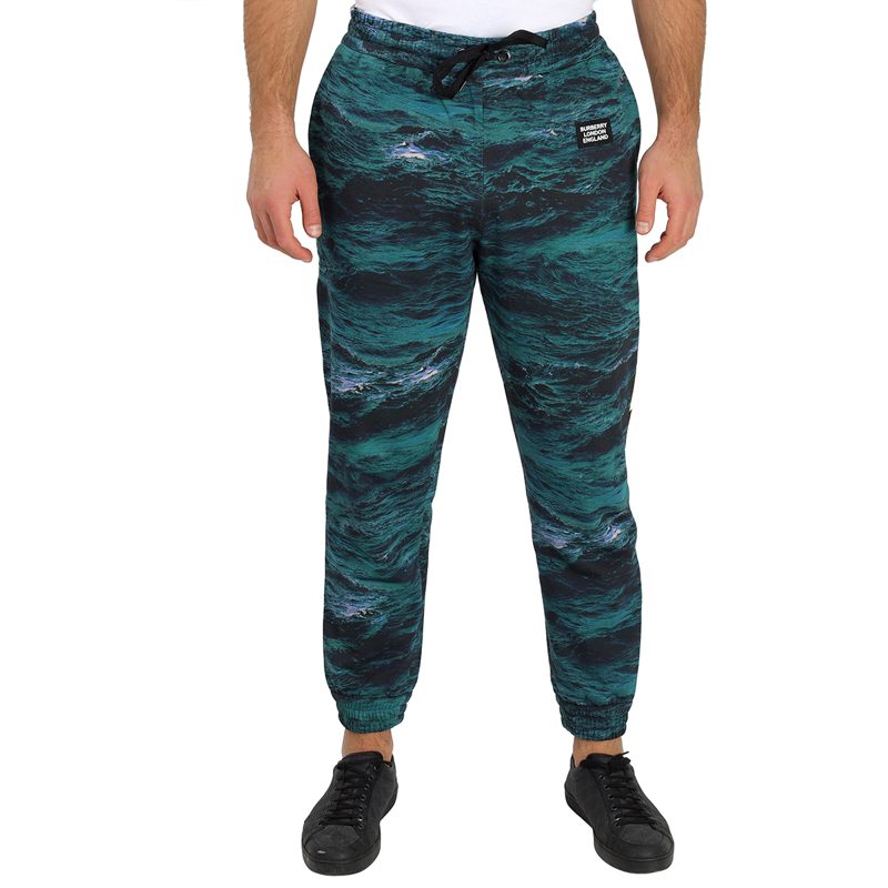 Mens Deep Teal Tape Detail Sea Print Cotton Trackpants
