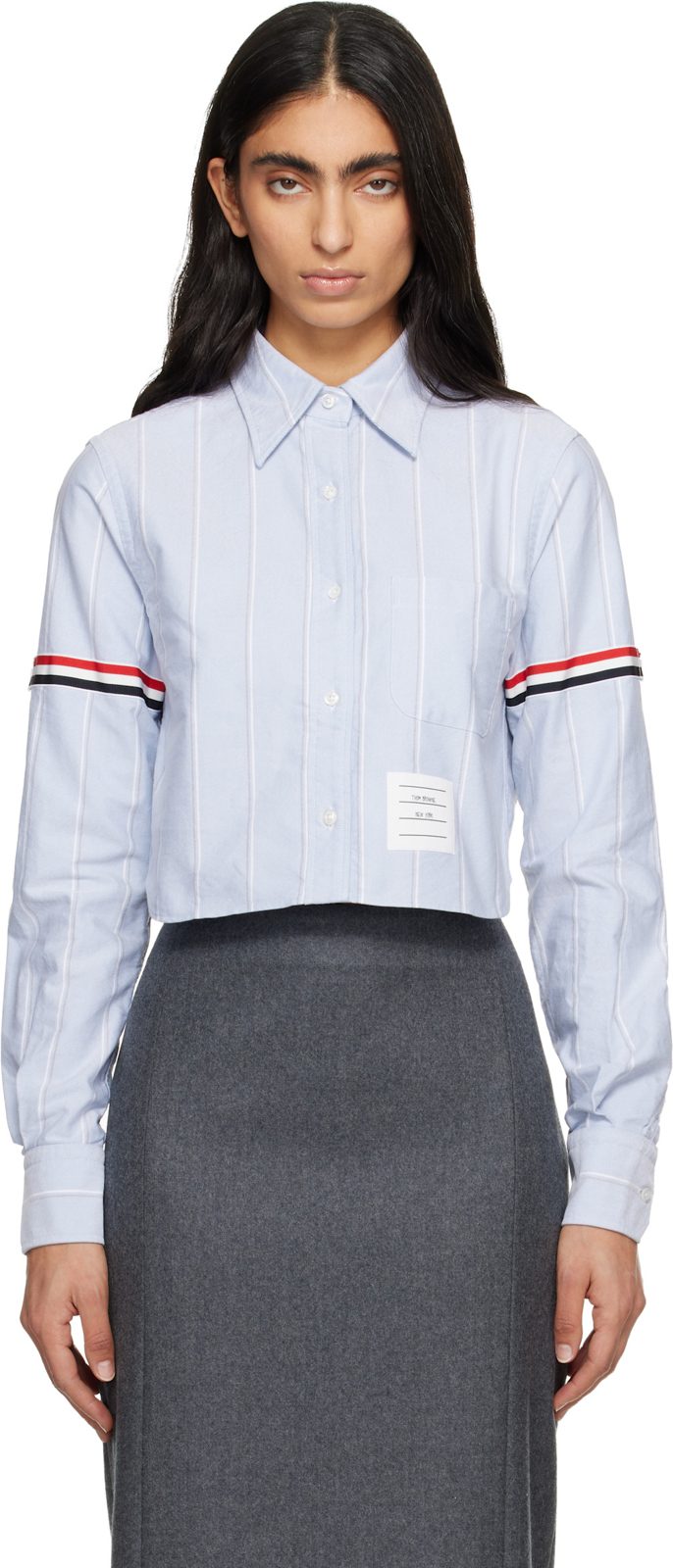 Blue Oxford Armband Cropped Round Collar Shirt 261381F109008