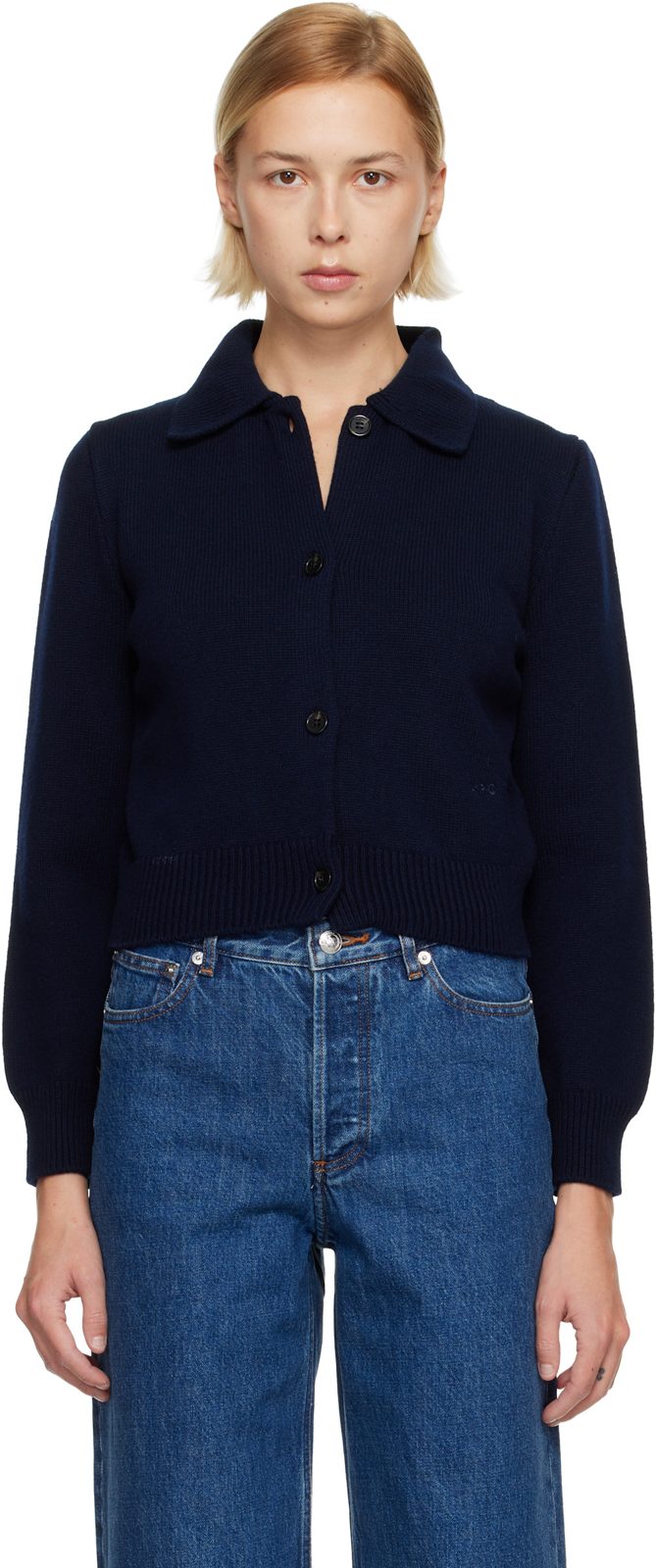 Navy Polo Shirt Collar Cardigan 261252F095000