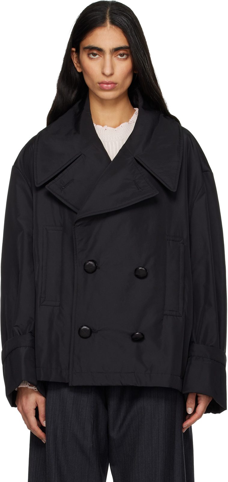Black Double Breasted Sports Jacket 261188F063006