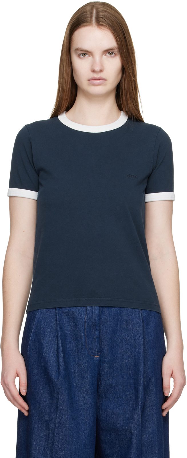 Navy Crop Manche Courte Contrast T-shirt 261252F110010