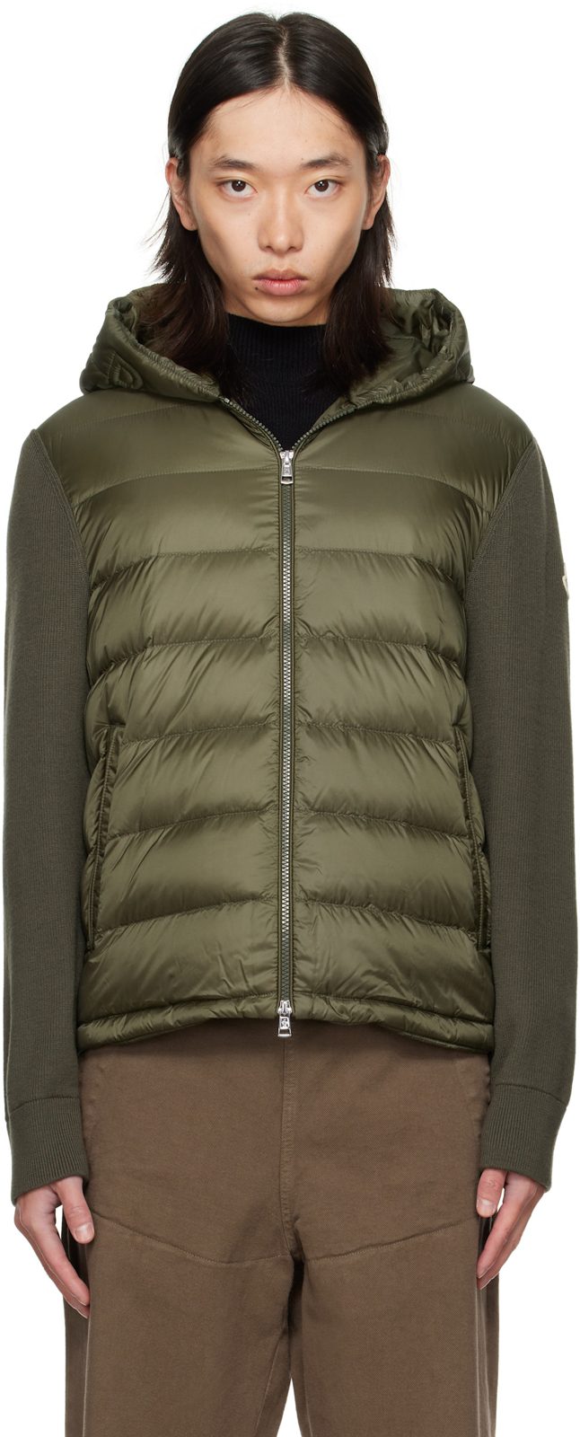 Khaki Padded Wool Zip-Up Down Hoodie 252111M178006