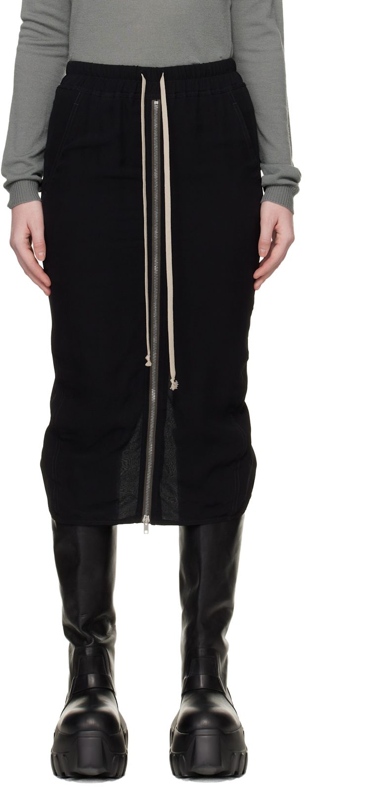 Black Temple Zipped Short Pillar Midi Skirt 261232F092016