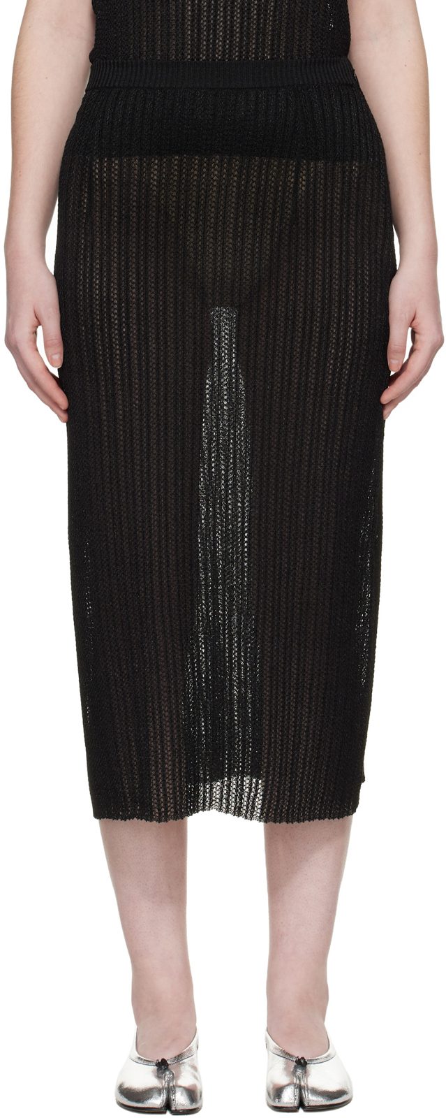 Black Ribbed Knit Midi Skirt 261168F092000