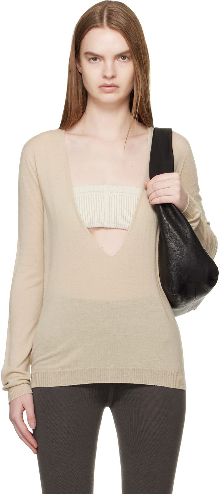 Beige Temple Extreme V Neck Pull Sweater 261232F100011