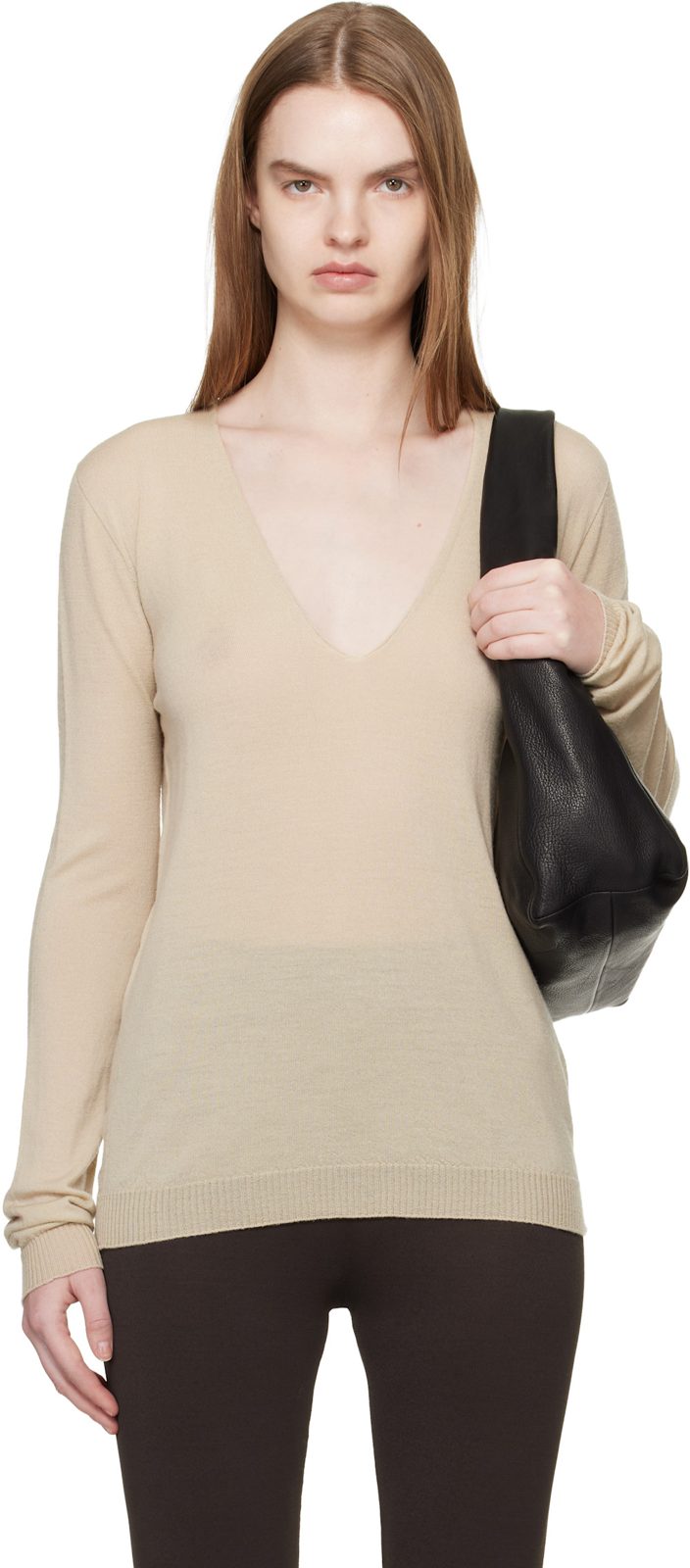 Khaki Temple V Neck Pull Sweater 261232F100006