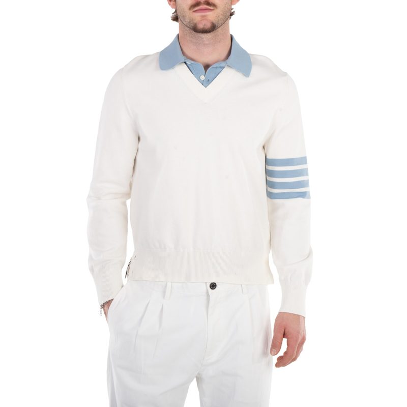 Mens Jersey 4-Bar V Neck Polo Pullover in White