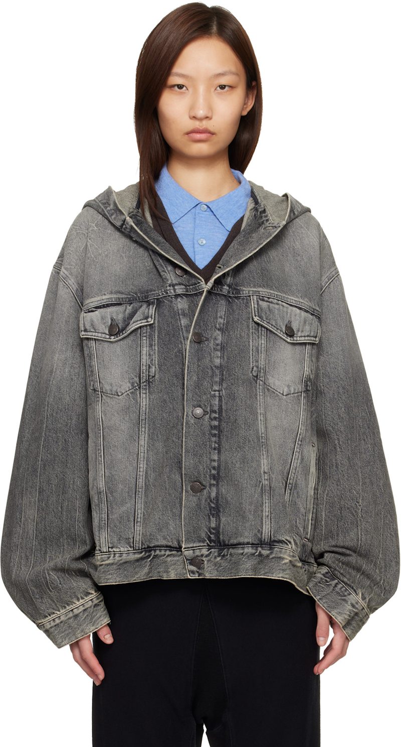 Black Hooded Denim Jacket 261129F060007