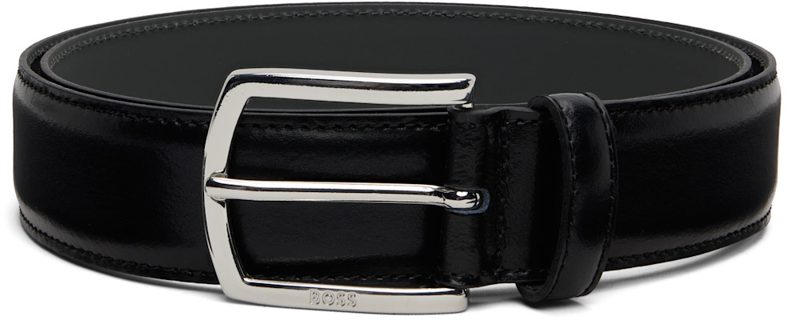 Black Polished Logo Buckle Leather Belt 261085M131005