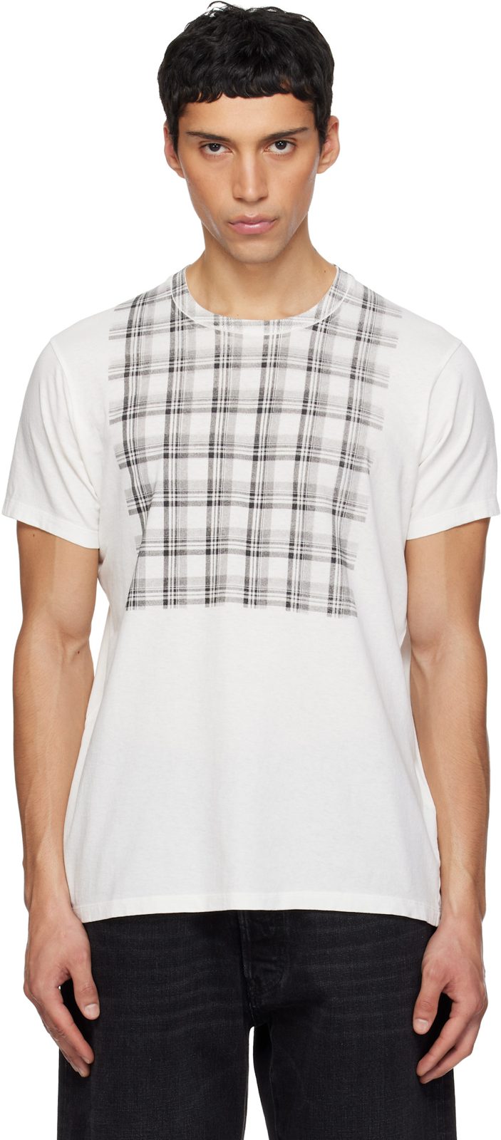 White Check Panel Cotton T-shirt 261168M213004