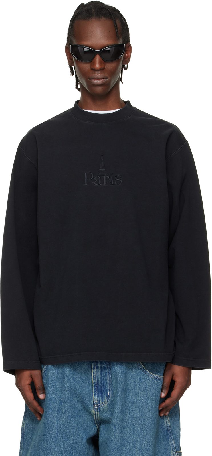 Black Paris Embroidered Longsleeve T-shirt 261669M213011