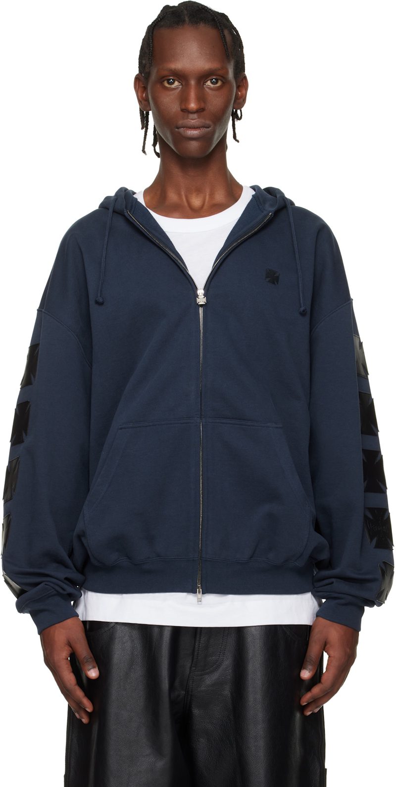 Navy Leather Biker Crosses Zip-Up Hoodie 261669M202031