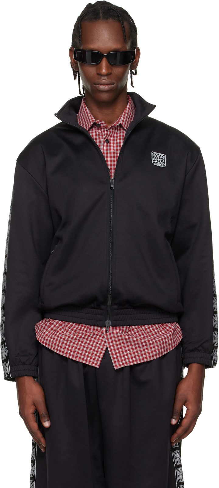 Black Biker Cross Tape Zip-Up Track Jacket 261669M202027