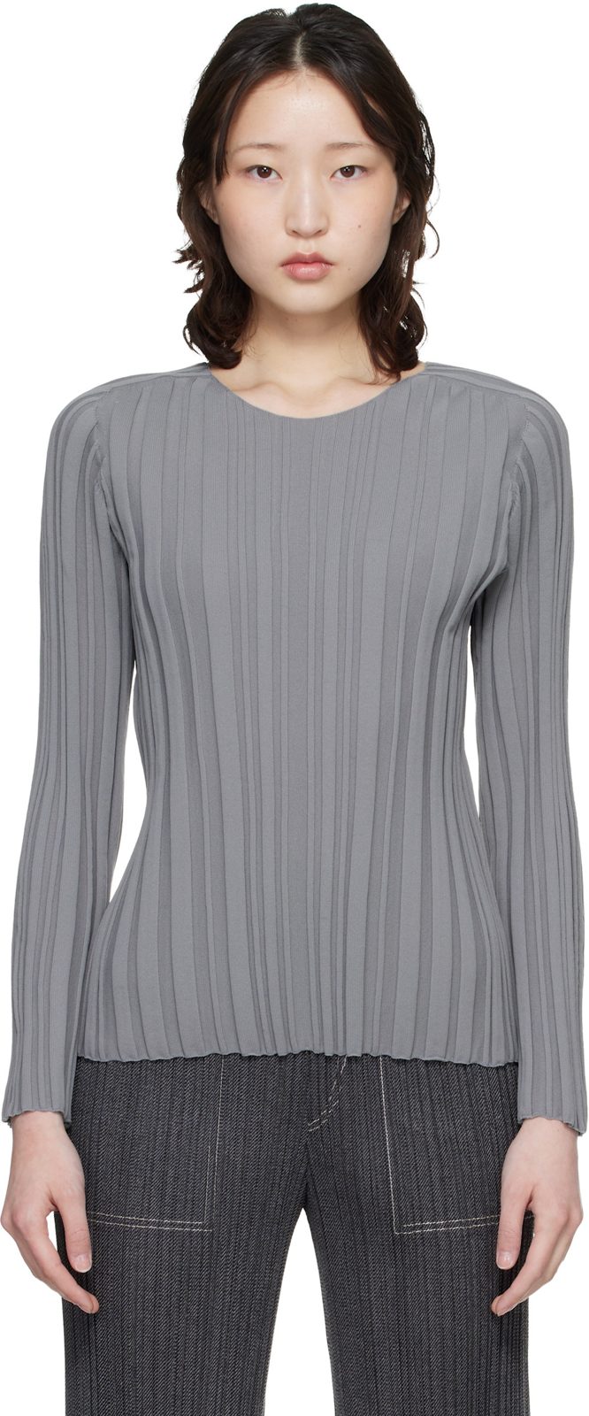 PLEATS PLEASE [이세이 미야케] Gray Rib Knit Top 261941F110011