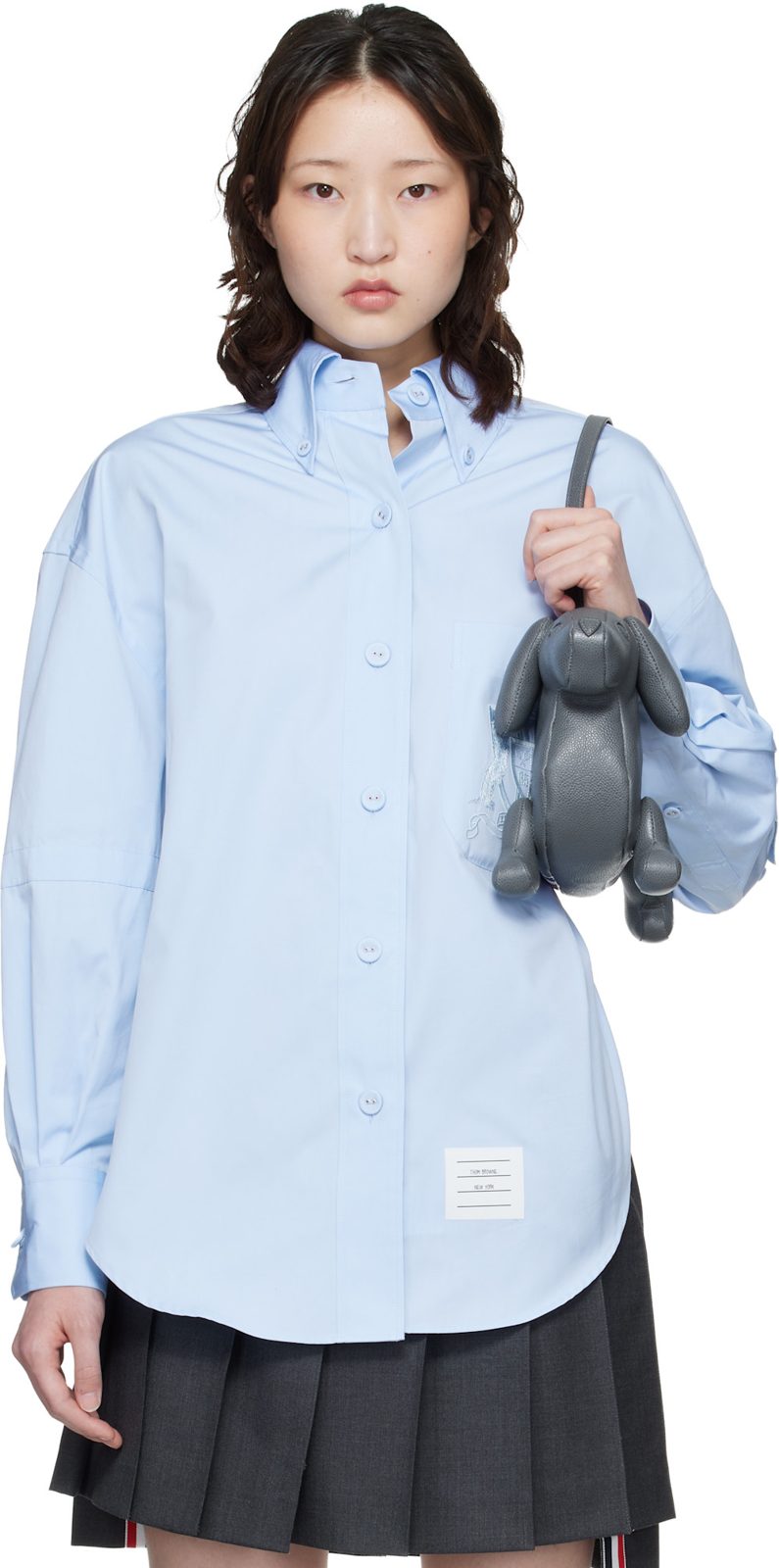 Blue Solid Poplin Crest Embroidery Armand Supersized Shirt 261381F109013
