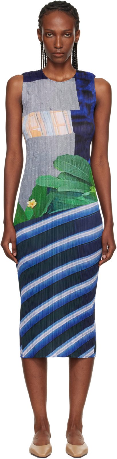 PLEATS PLEASE [이세이 미야케] Gray & Navy City Collage Midi Dress 261941F054018