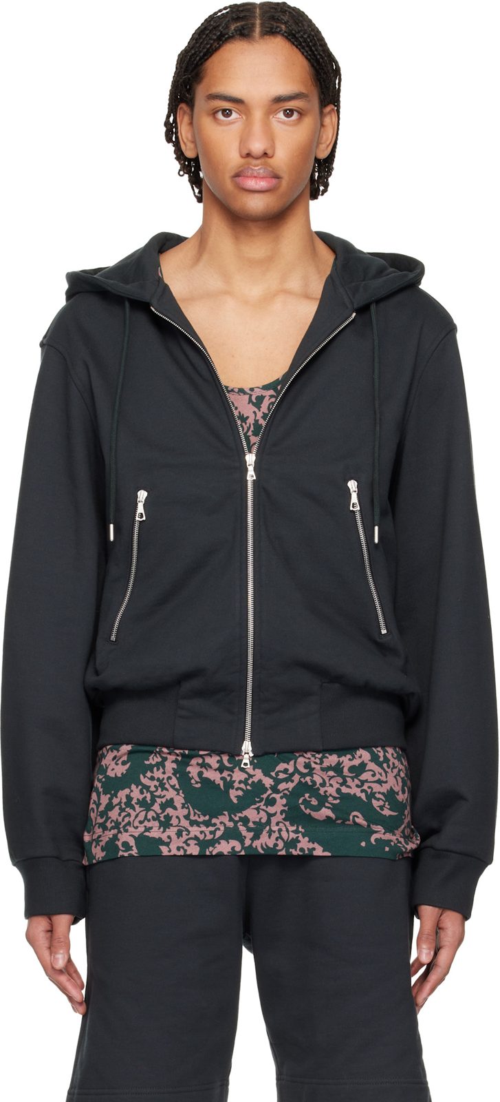 Black Loose Zipped Hoodie 261358M202001