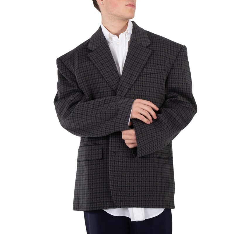 Mens Grey Houndstooth Single-Breasted Blazer