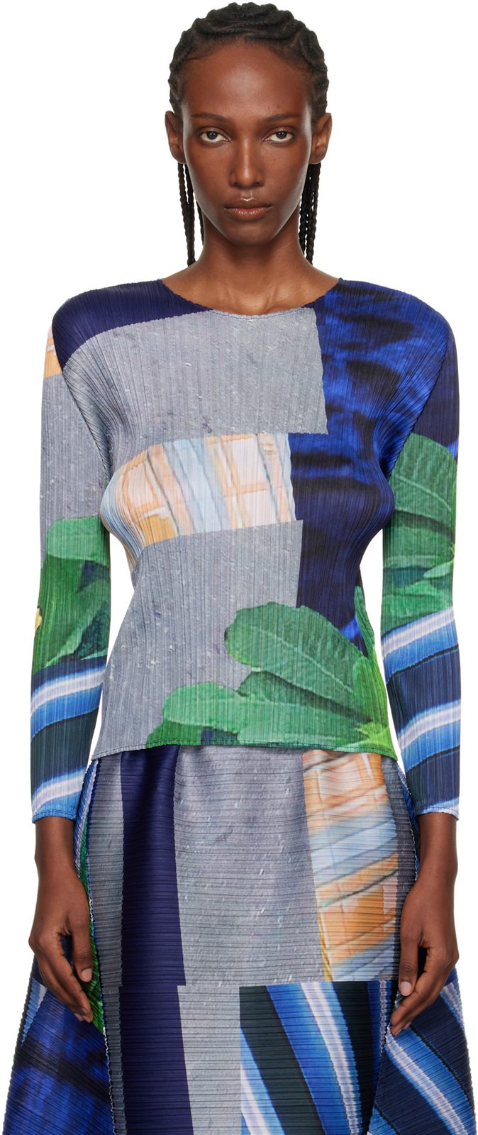 PLEATS PLEASE [이세이 미야케] Gray & Navy City Collage T-shirt 261941F110012