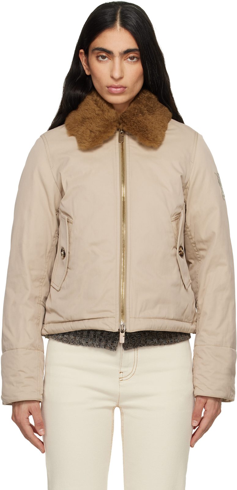 Beige Shearling Collar Gabardine Down Bomber Jacket 261376F058000