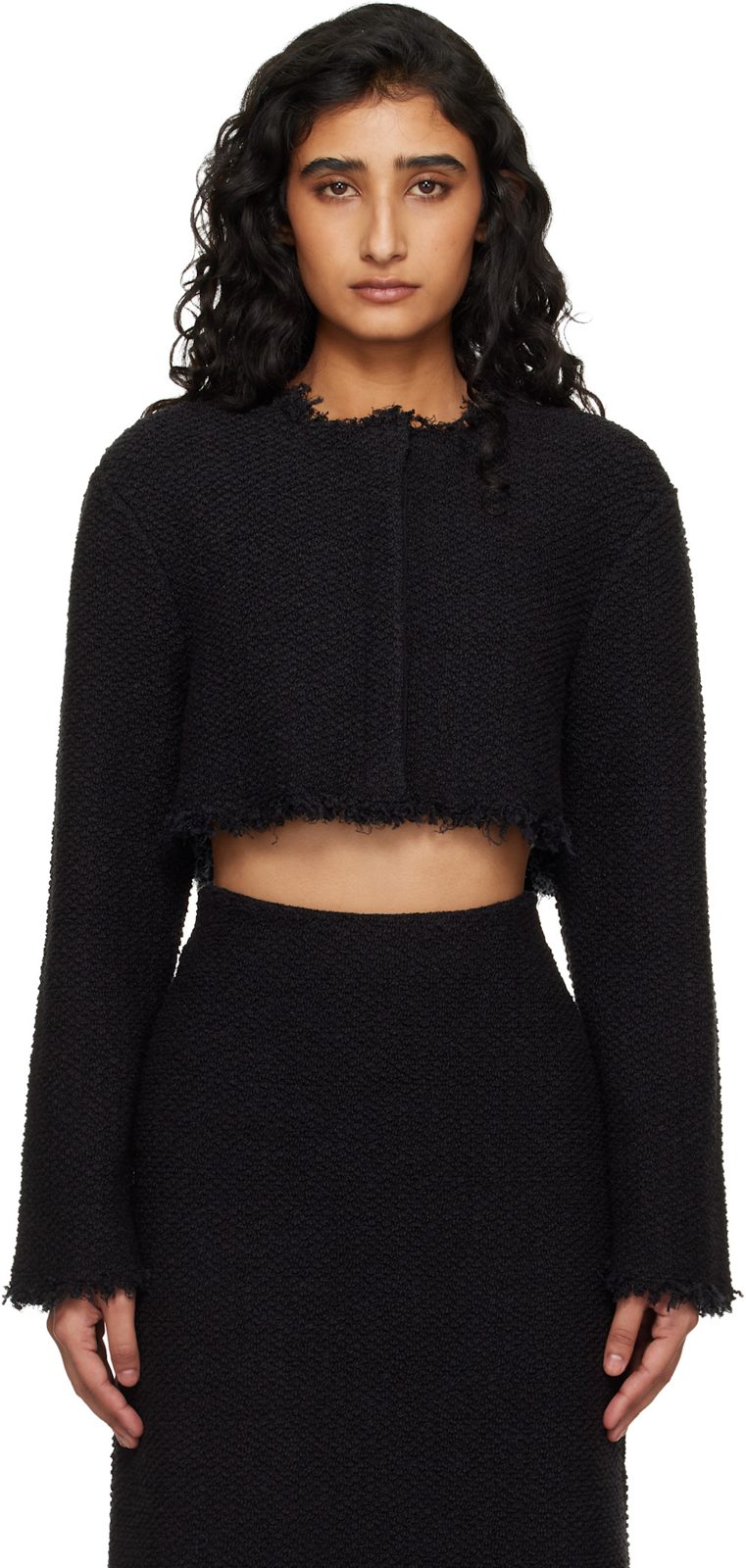 Black Boucle Long Sleeves Cropped Jacket 261249F063000
