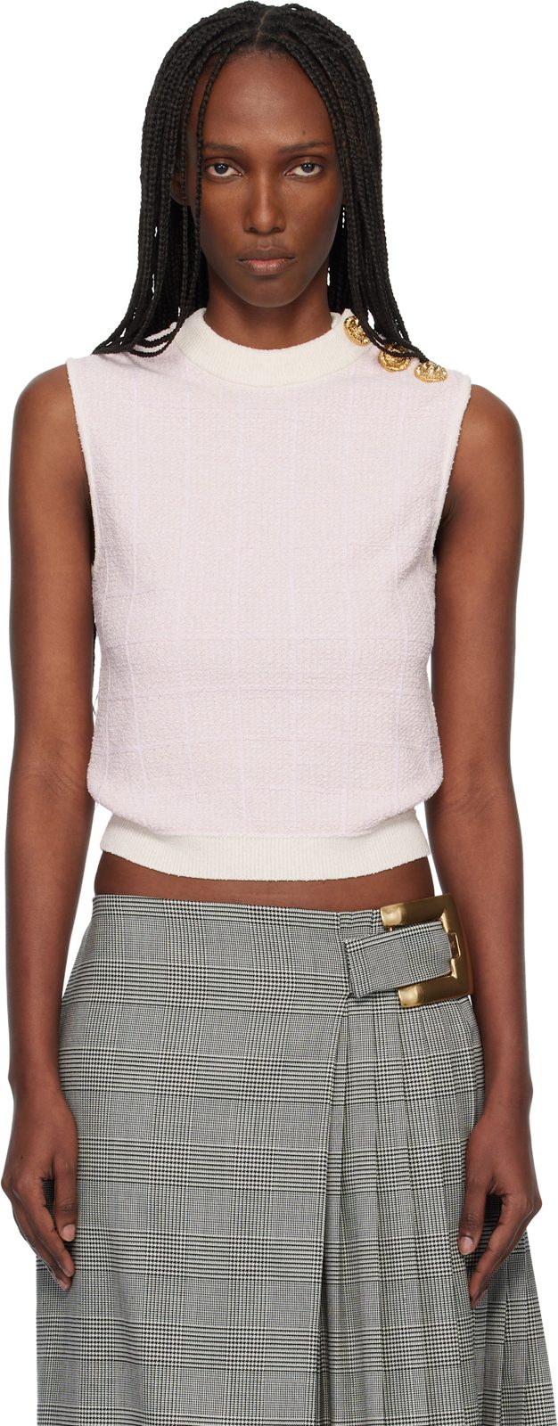 Pink Tweed Button Crop Tank Top 261251F111000
