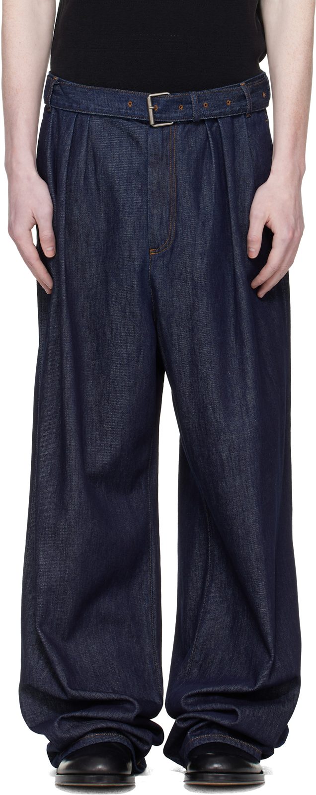 Navy Pleated Jeans 261358M186015