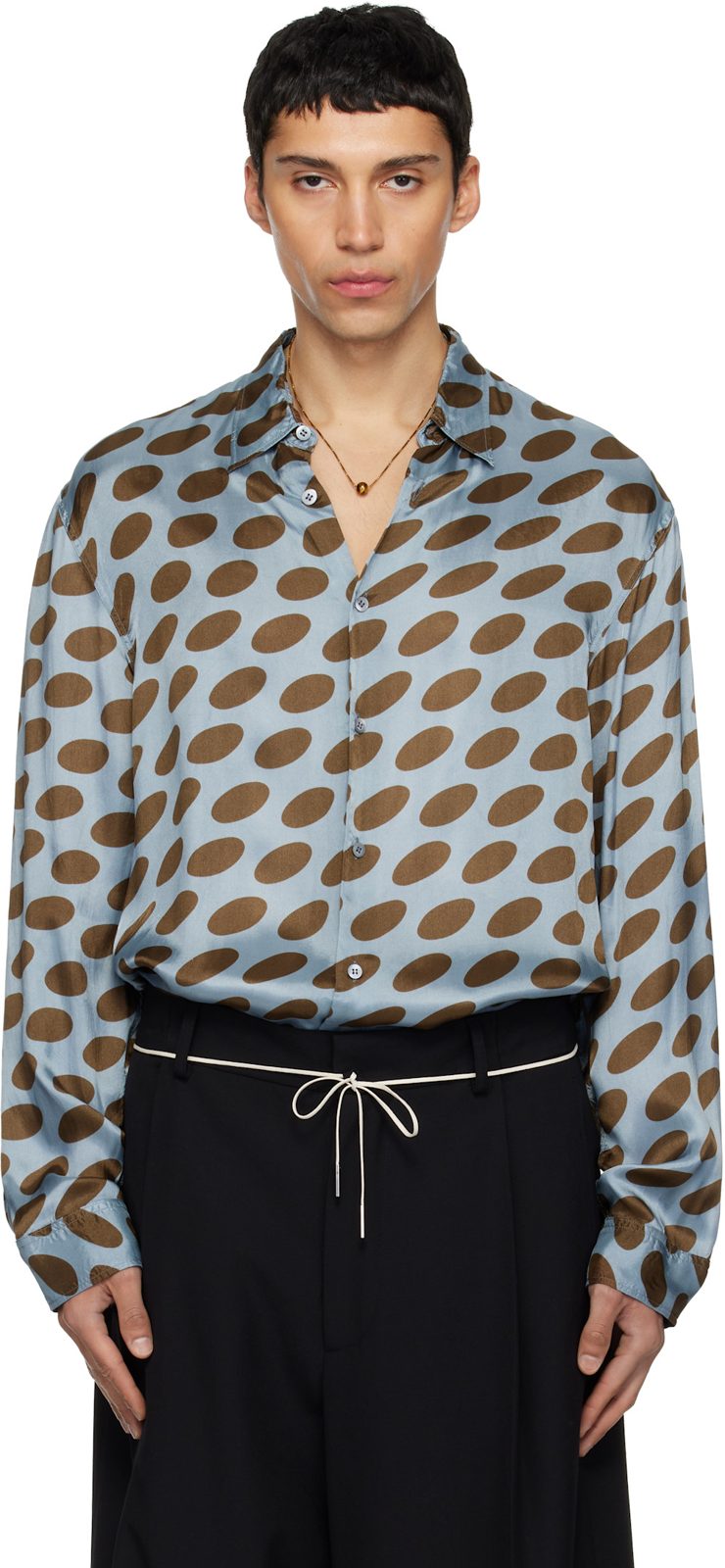 Blue & Brown Polka-Dot Satin Shirt 261358M192080