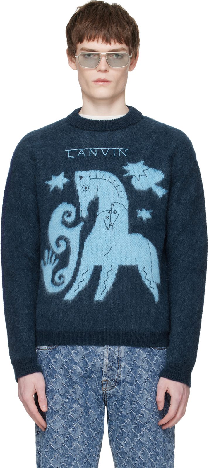 Navy Lunar Year Jacquard Mohair Sweater 261254M201000