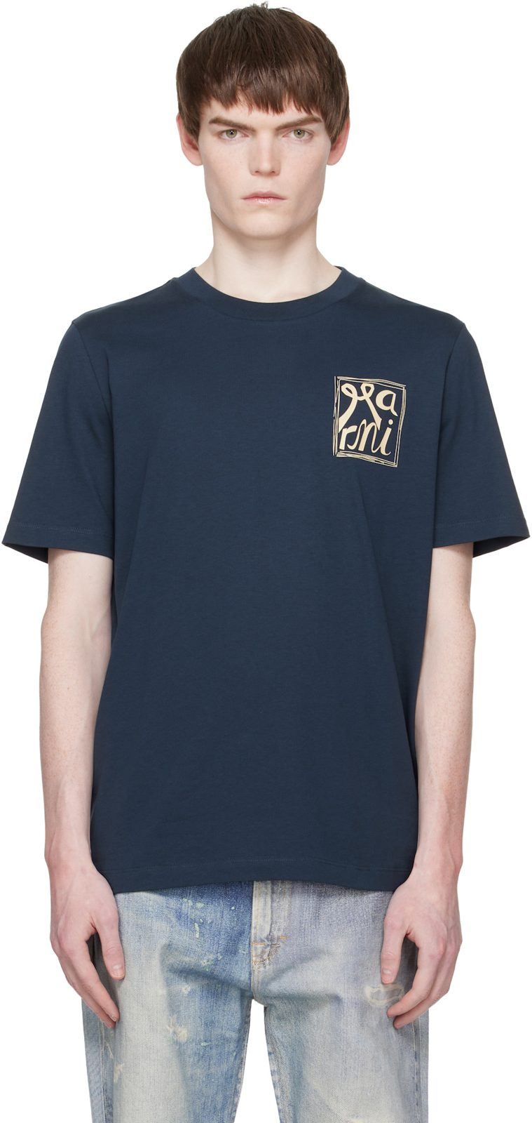Navy Cotton Marni Frame Logo Print T-shirt 261379M213016