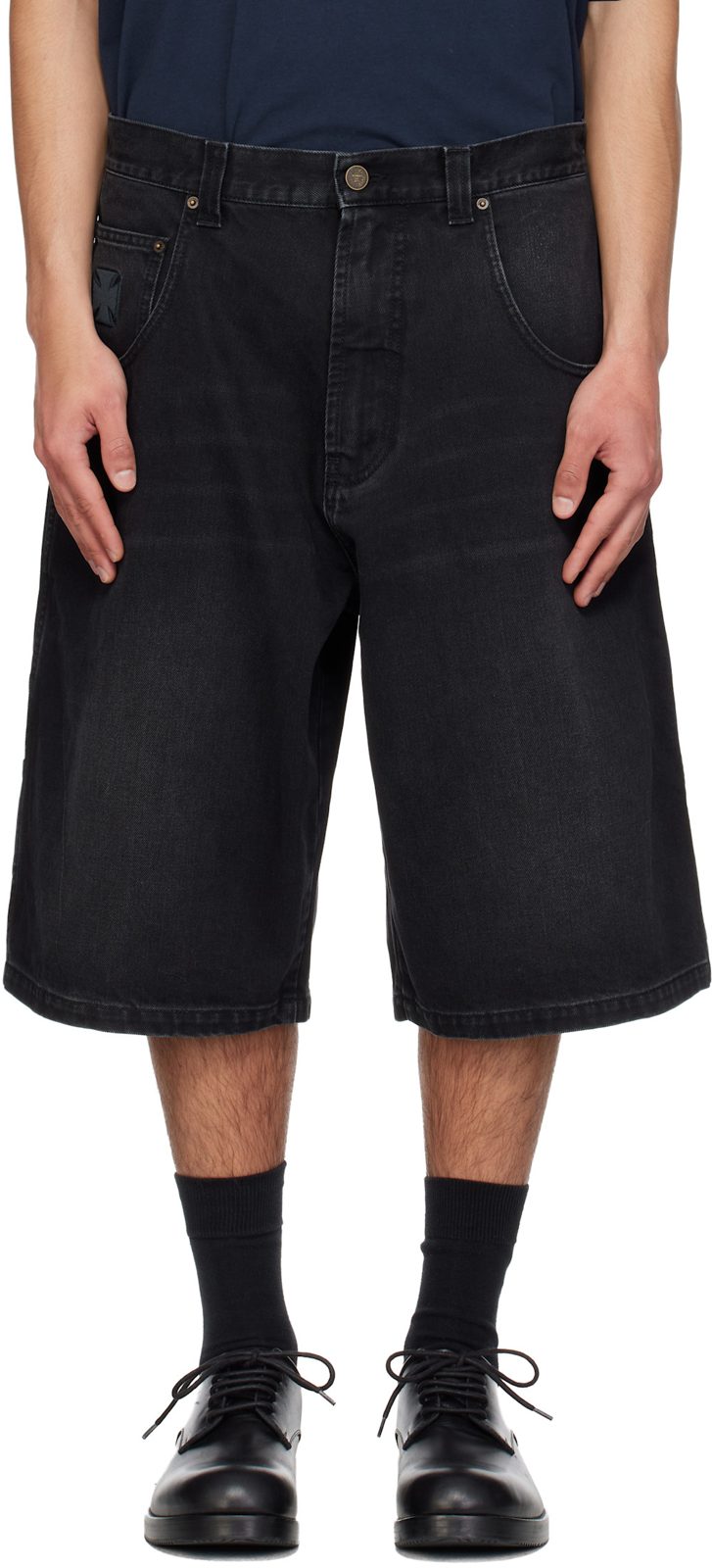 Black Applique Biker Cross Hip-Hop Denim Shorts 261669M193003