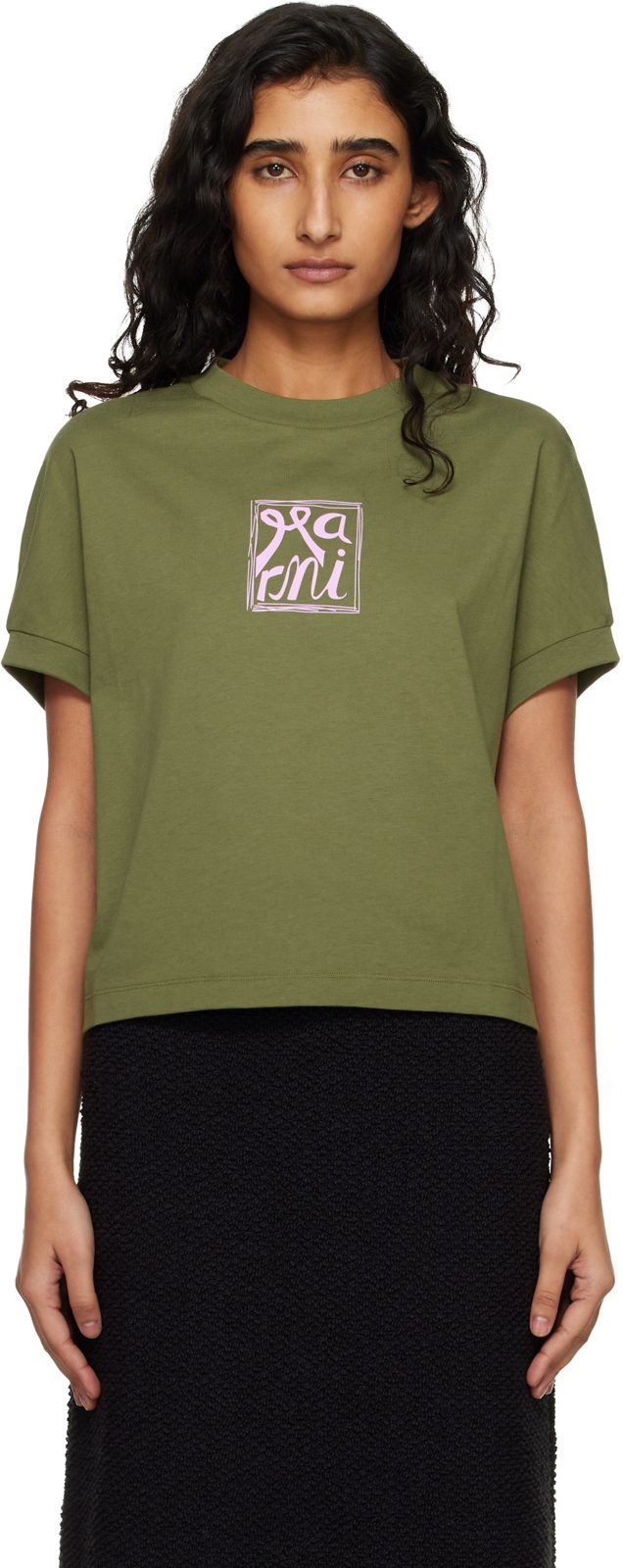 Green Marni Logo Flame Print Jersey T-shirt 261379F110004