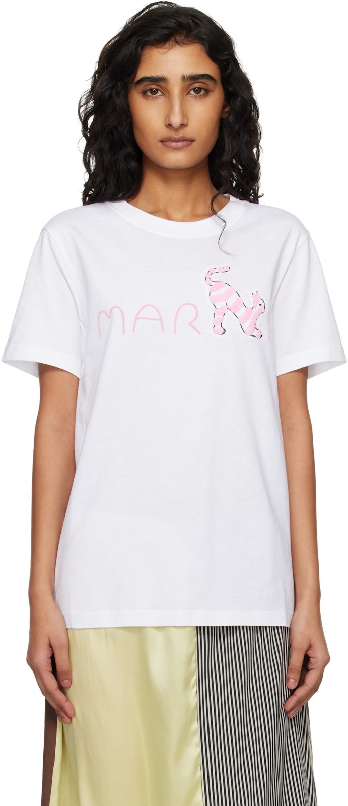 White Marni Logo Flock Fluffy Cat Jersey T-shirt 261379F110008