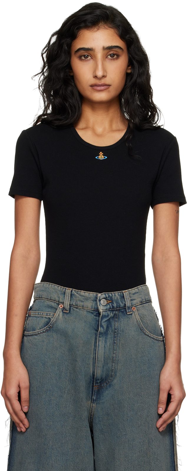 Black Cap Sleeve Bodysuit 261314F358001
