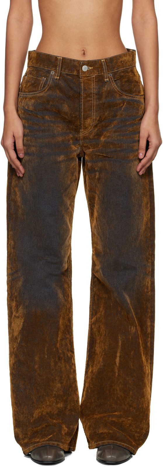 Brown 2021 Flocked Denim Jeans 261129F069018