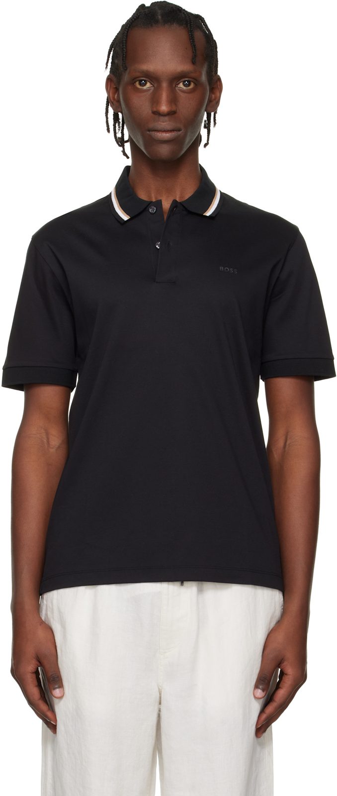 Black Cotton Logo Striped-Collar Slim-Fit Polo 261085M212024