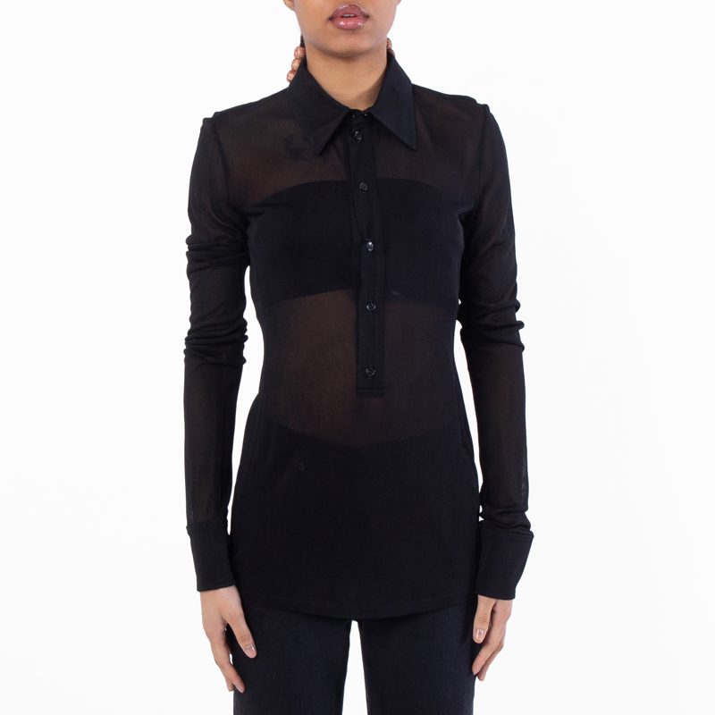 Womens Sheer Pointed Collar Long Sleeve Shirt