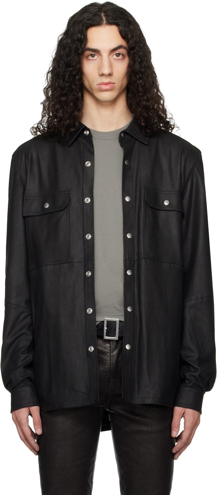 Black Temple Feather Nappa Leather Outer Shirt 261232M181009