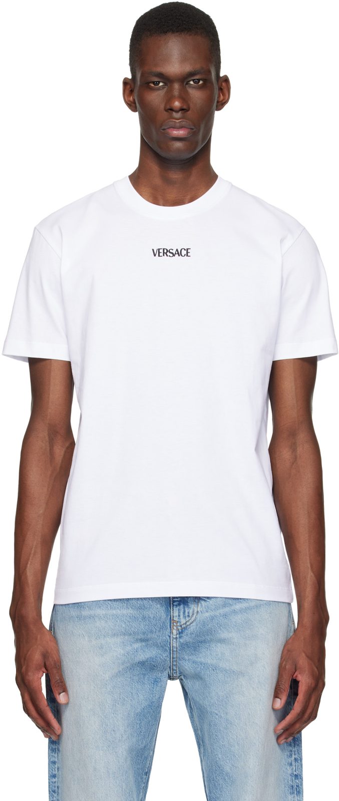 White Embroidered Cotton-Jersey Slim T-shirt 261404M213012