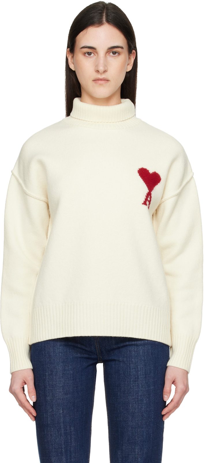오프화이트 Contrasted Ami de Coeur Funnel Neck Sweater 261482F099000