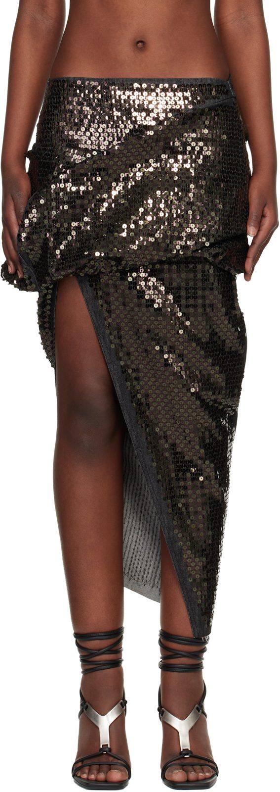 Black Draped Calf Denim Midi Skirt 261232F092022