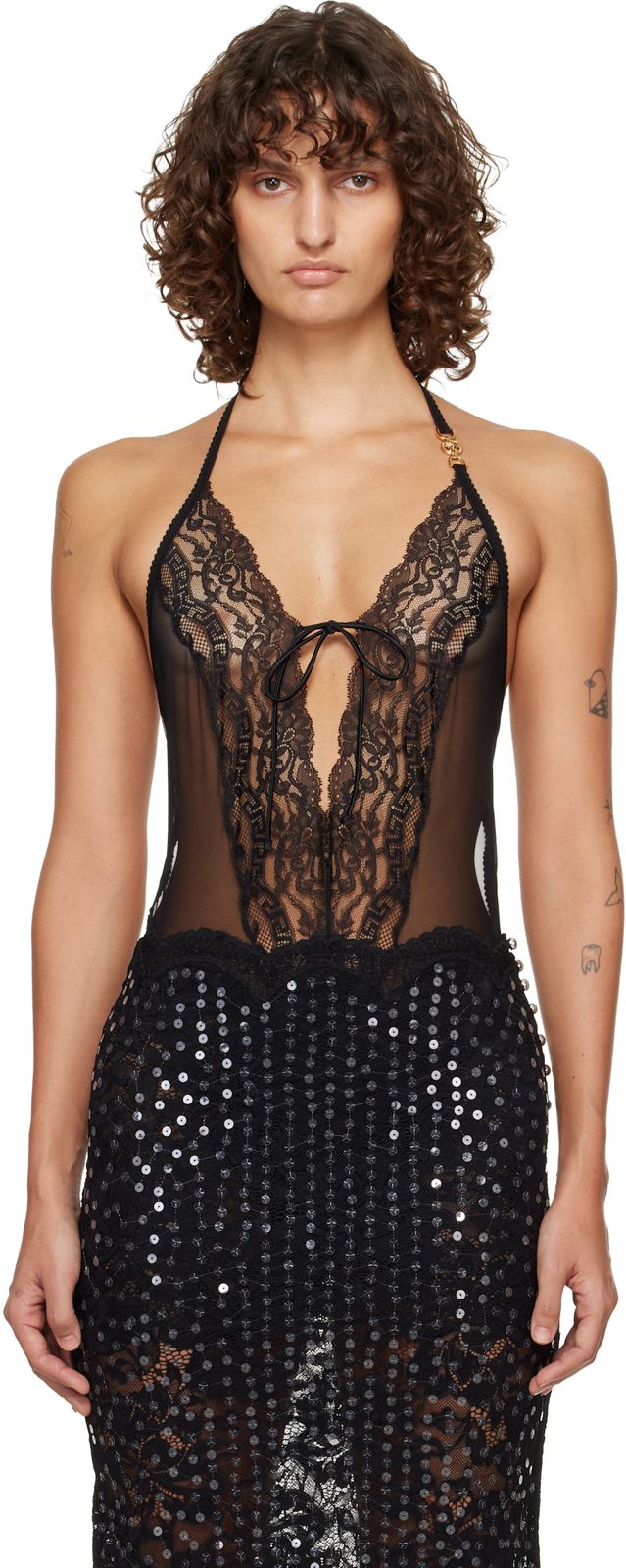 Black Embroidered Lace-Trim Bodysuit 261404F368000